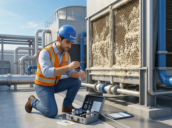 Ingeniero SAQUIMI realizando diagnóstico de torre de enfriamiento